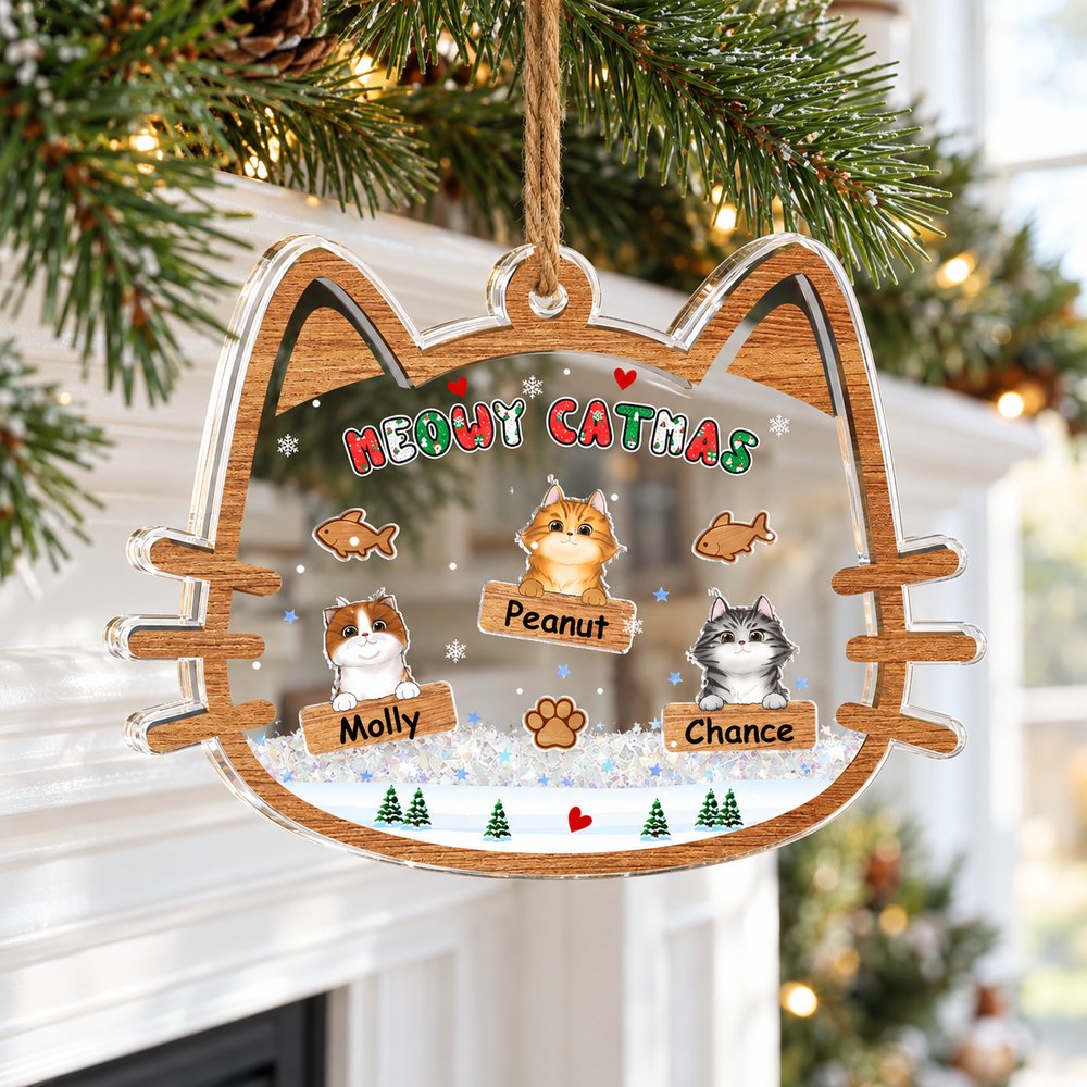 Meowy Catmas custom 3 layer shaker ornament hanging on a Christmas mantel garland