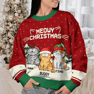 Meowy Catmas - Personalized Custom Ugly Sweatshirt Unisex Jumper - Funny Christmas Ugly Sweater Gifts For Cat Owners, Cat Lovers, Cat Mom, Cat Dad - Suzitee Store