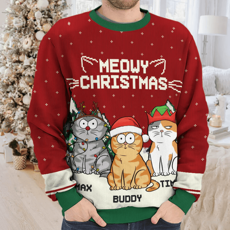 Meowy Catmas - Personalized Custom Ugly Sweatshirt Unisex Jumper - Funny Christmas Ugly Sweater Gifts For Cat Owners, Cat Lovers, Cat Mom, Cat Dad - Suzitee Store