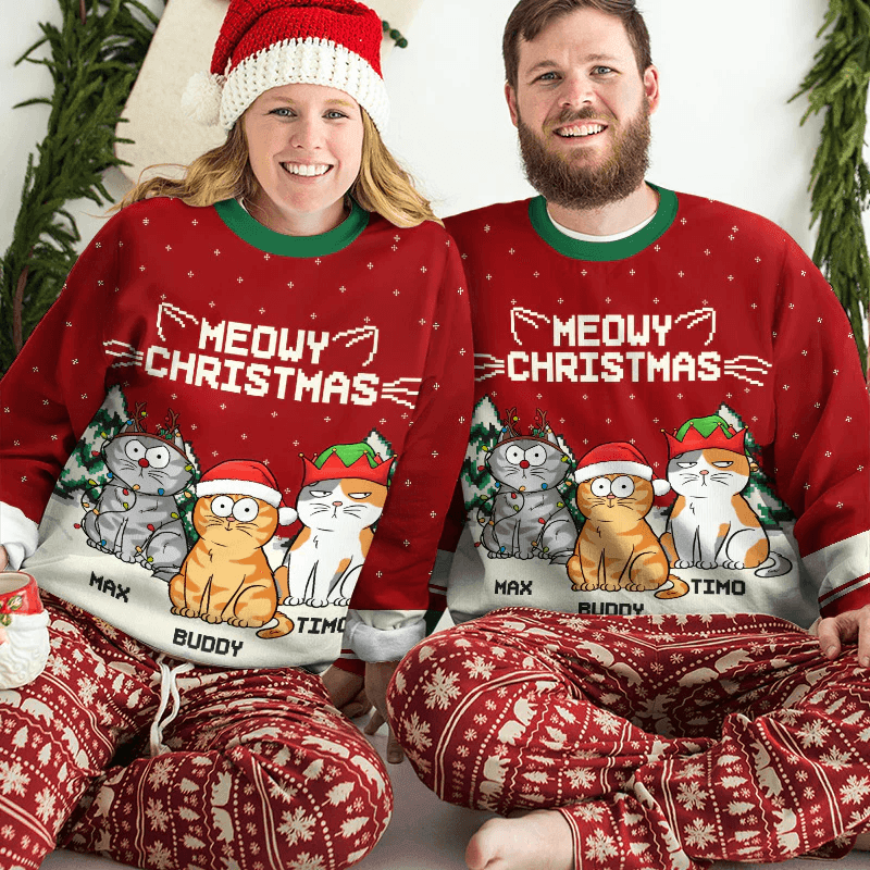 Meowy Catmas Personalized Custom Ugly Sweatshirt Unisex Jumper Funny Christmas Ugly Sweater Gifts For Cat Owners Cat Lovers Cat Mom Cat Dad