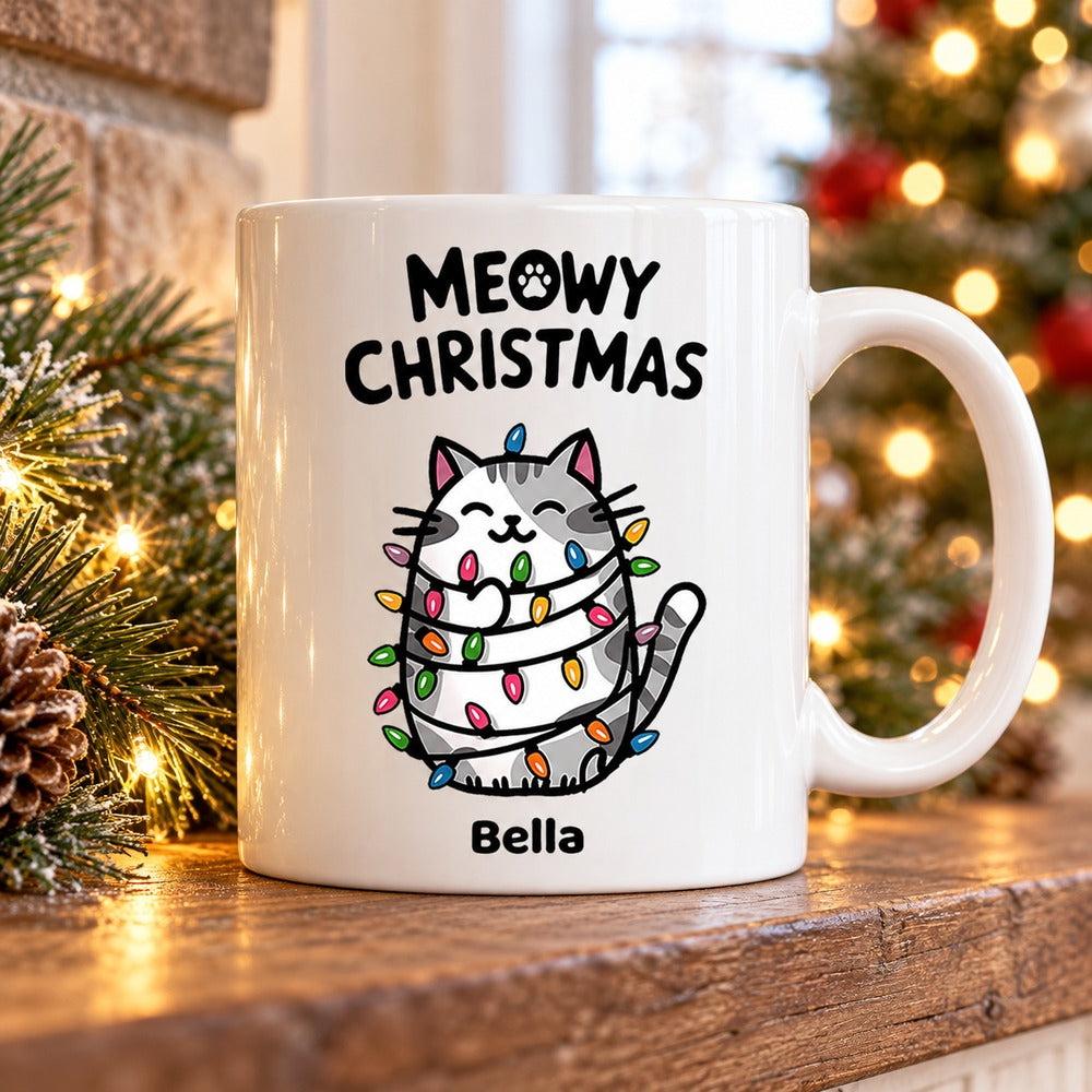 Meowy Christmas personalized cat mug Bella on holiday mantel with pine greenery