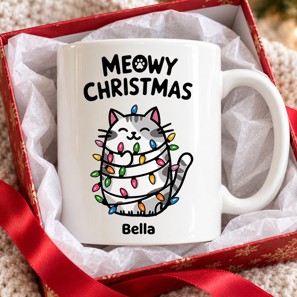 Personalized Meowy Christmas cat mug Bella in holiday gift box with red ribbon