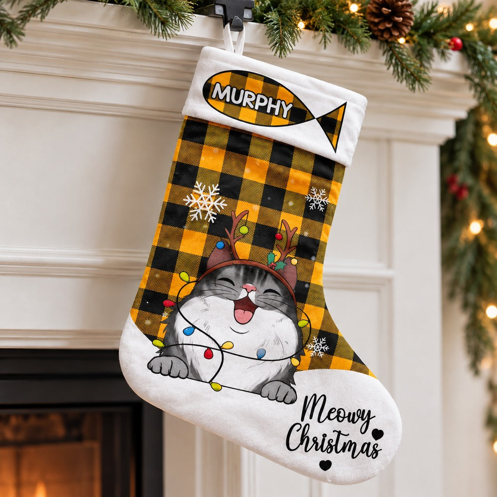 Close up detail of personalized Meowy Christmas cat stocking plush fabric and print quality