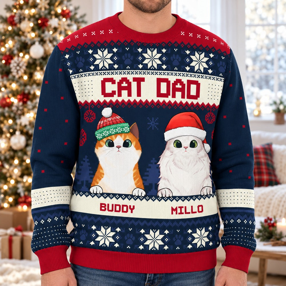 Man wearing personalized Cat Dad ugly Christmas sweater with Buddy and Millo cat design