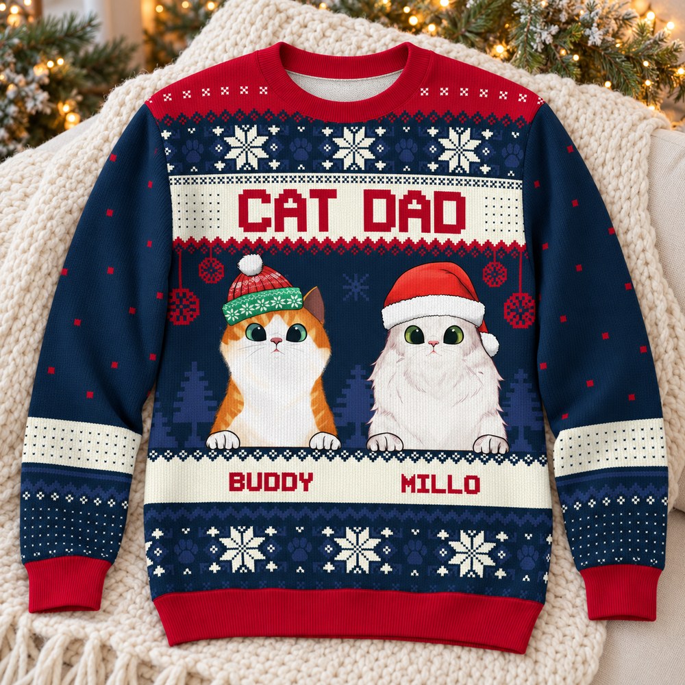 Personalized Cat Dad Christmas ugly sweater laid on a cozy holiday sofa with pine greenery