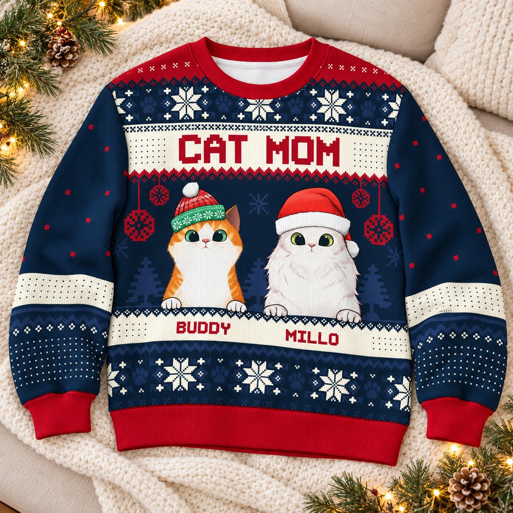 Personalized Cat Mom ugly Christmas sweater laid flat on cozy holiday sofa with pine greenery