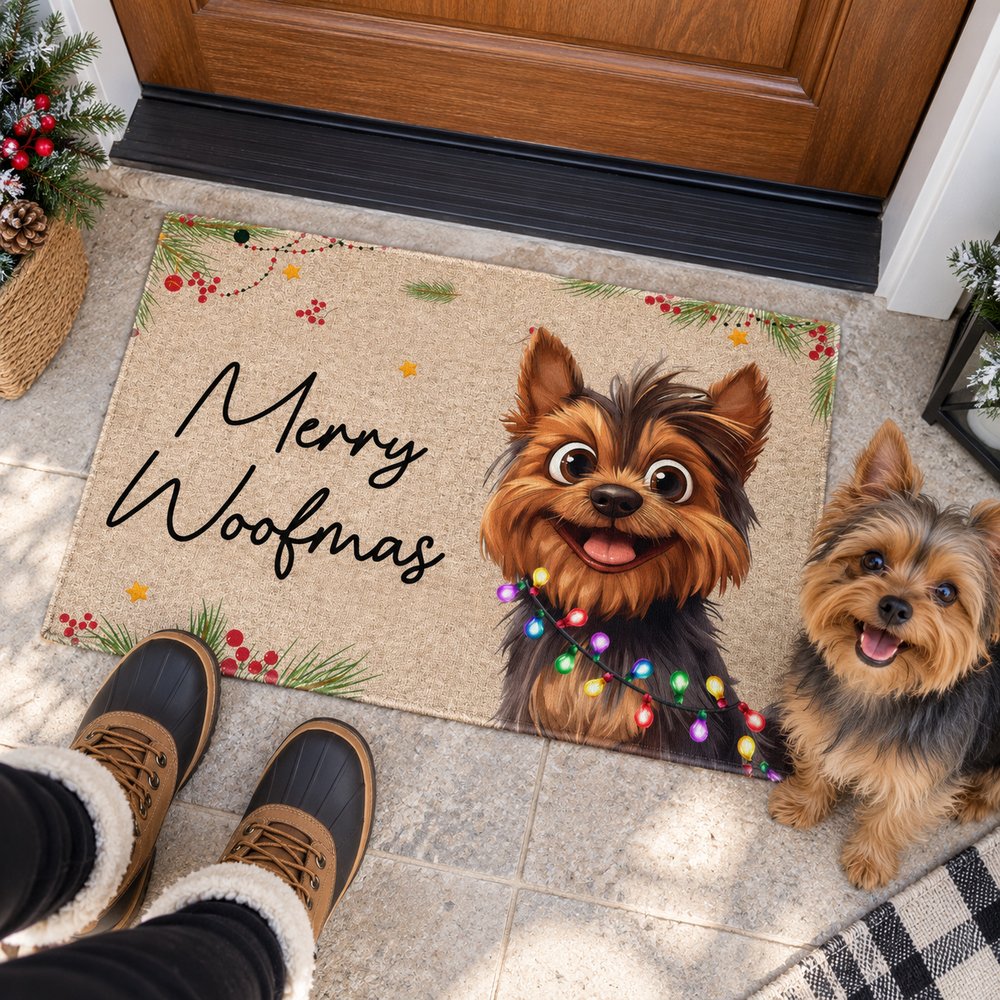 Dog mom stepping on Merry Woofmas doormat with Yorkie dog at front door