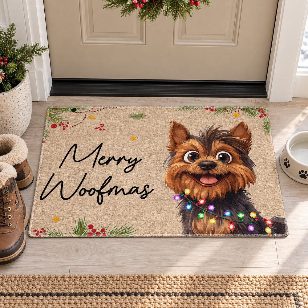 Merry Woofmas dog doormat next to winter boots showing 30x18 inch size