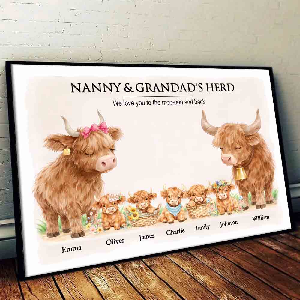Grandparents's Herd Highland Cow Family - Personalized Poster/Canvas Prints - Gift For Grandma, Grandpa, Grandparents