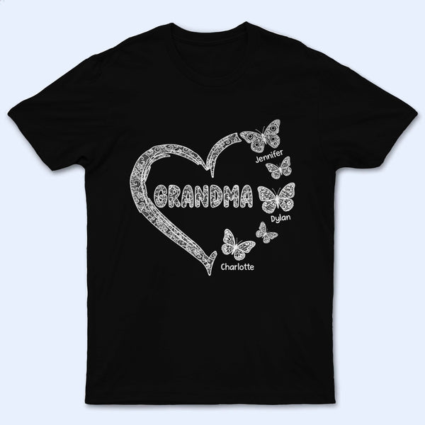 Grandma Lace Pattern Butterflies Heart - Personalized Custom T Shirt - Gift For Mom, Grandma, Mama, Nana