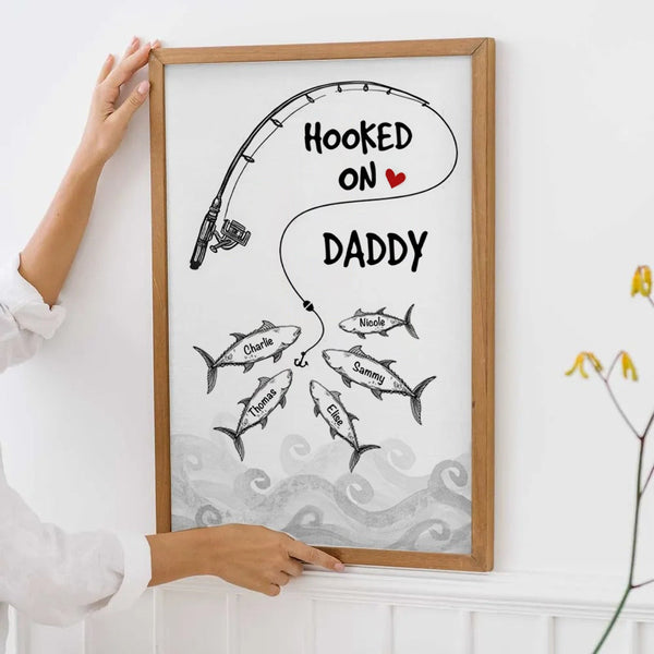 Fishes Hooked On Daddy Grandpa - Personalized Poster/Canvas Prints - Father's Day Gift For Fisher, Fisherman, Fishing Lovers