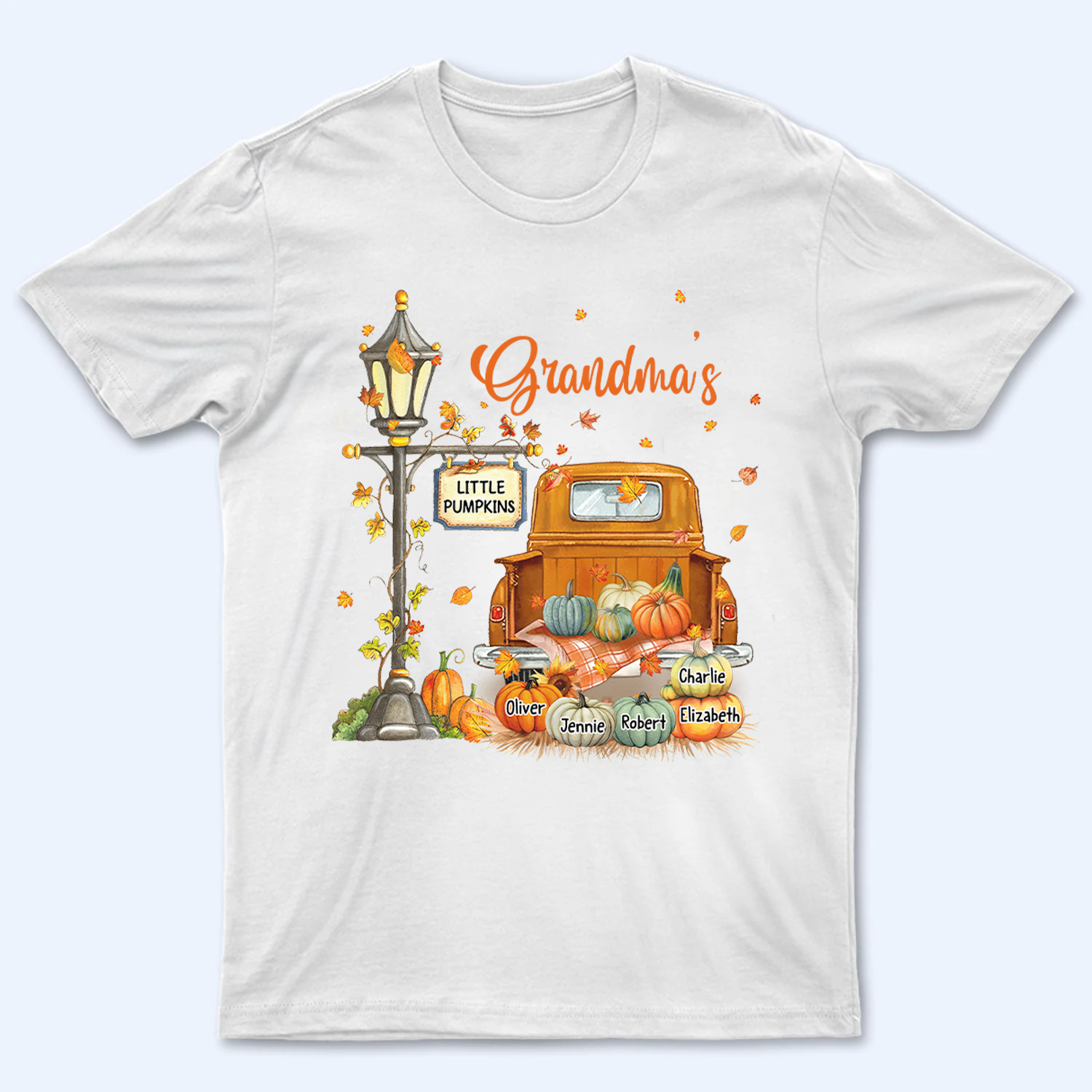 Fall Season Pumpkin Truck Grandma's Little Pumpkins - Personalized Custom T Shirt - Fall Season Gift for Grandma/Nana/Mimi, Mom, Wife, Grandparent 1