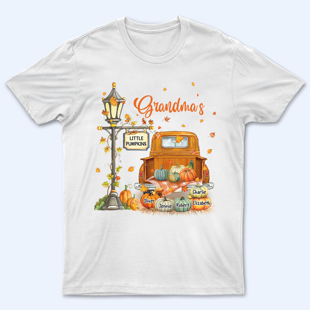 Fall Season Pumpkin Truck Grandma&#39;s Little Pumpkins - Personalized Custom T Shirt - Fall Season Gift for Grandma/Nana/Mimi, Mom, Wife, Grandparent