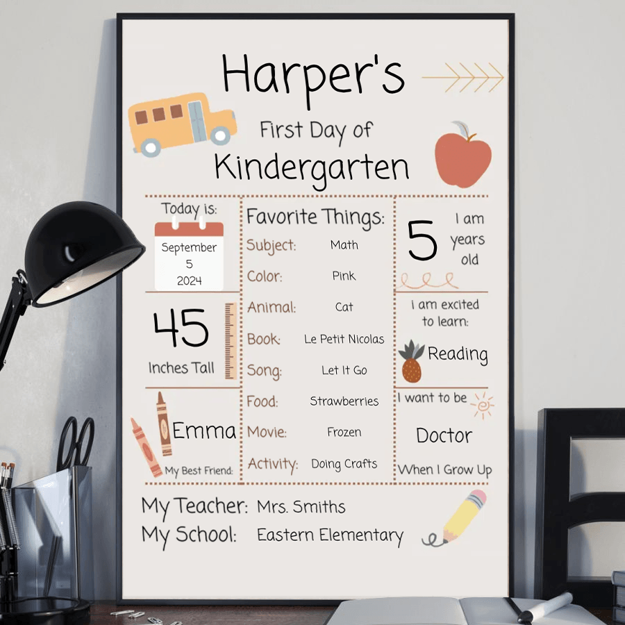 Personalized Back To School Sign poster, a woman hanging the framed print on a wall