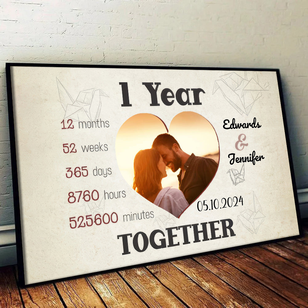 Custom Photo 1 Year Together Heart-Shaped Couple - Personalized Poster/Canvas Print - Gift For Her/Him, Husband/Wife, Couples on Anniversary, Valentine's Day