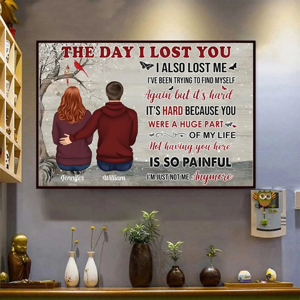 Personalized The Day I Lost You canvas print, a woman hanging the framed print on a wall