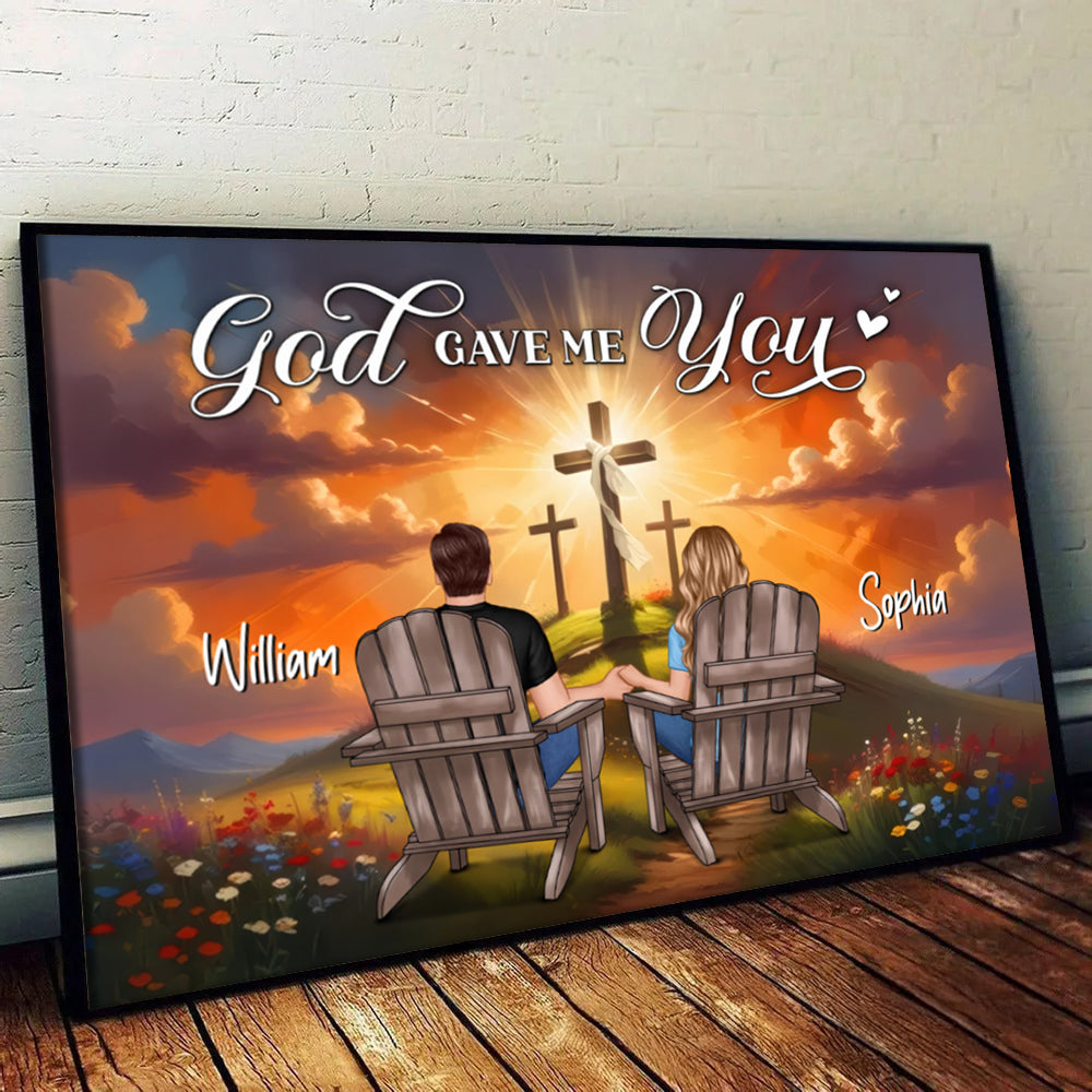 Personalized Cross God Gave Me You Couple Sitting poster, framed in a bright living room