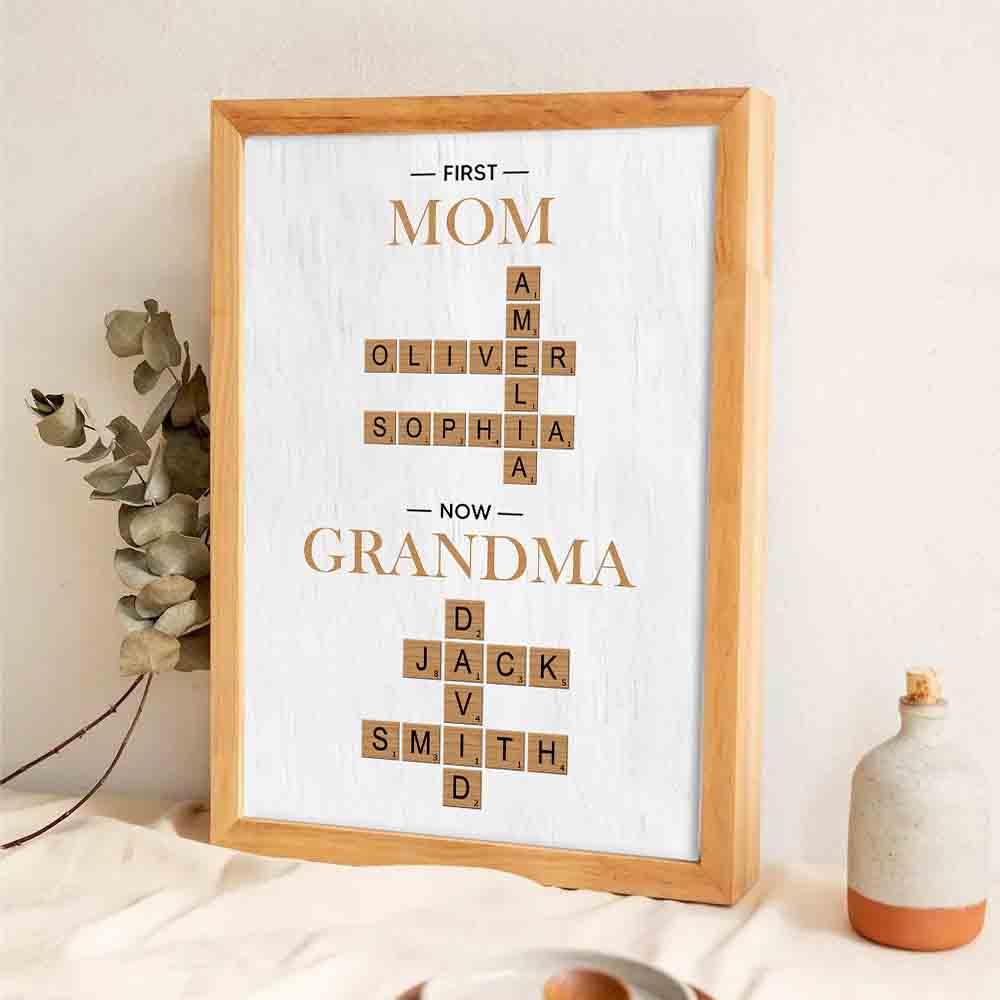 Grandma's Personalized Crossword Canvas: "First Mom Now Grandma" Custom Scrabble Wall Art - Unique Mother's Day or Birthday Gift for Nana