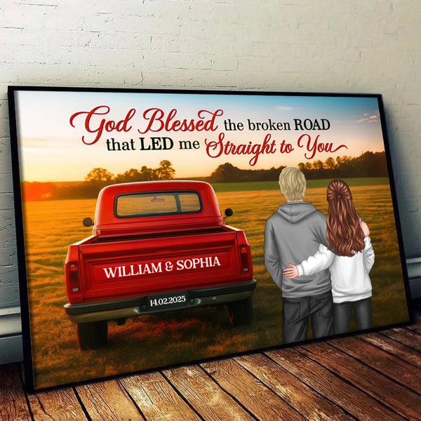 Couple's Custom Canvas Print: Personalized Back View - "God Blessed The Broken Road" - Anniversary Gift for Her or Him