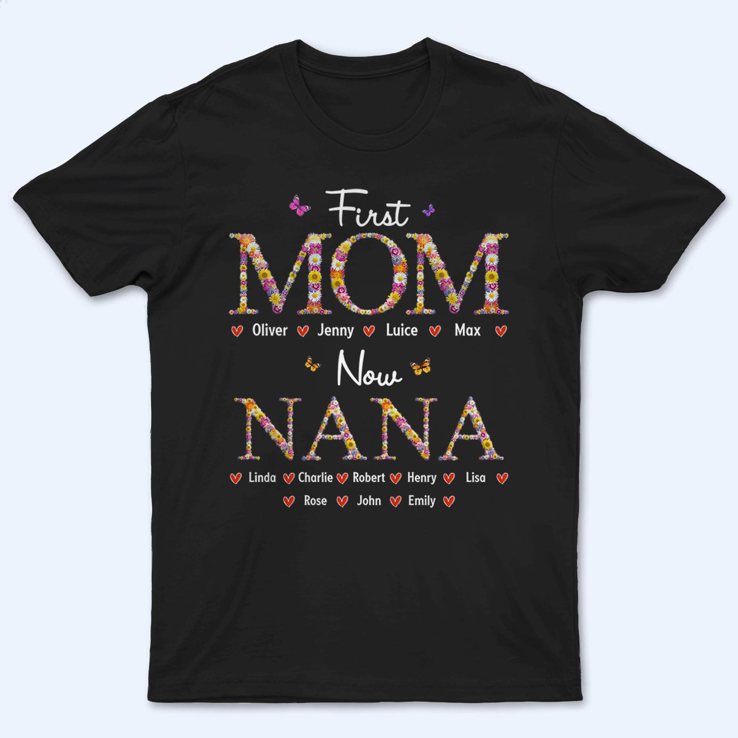 First Mom Now Grandma Flower Pattern - Personalized Custom T Shirt - Gift for Grandma, Nana, Grammy 2