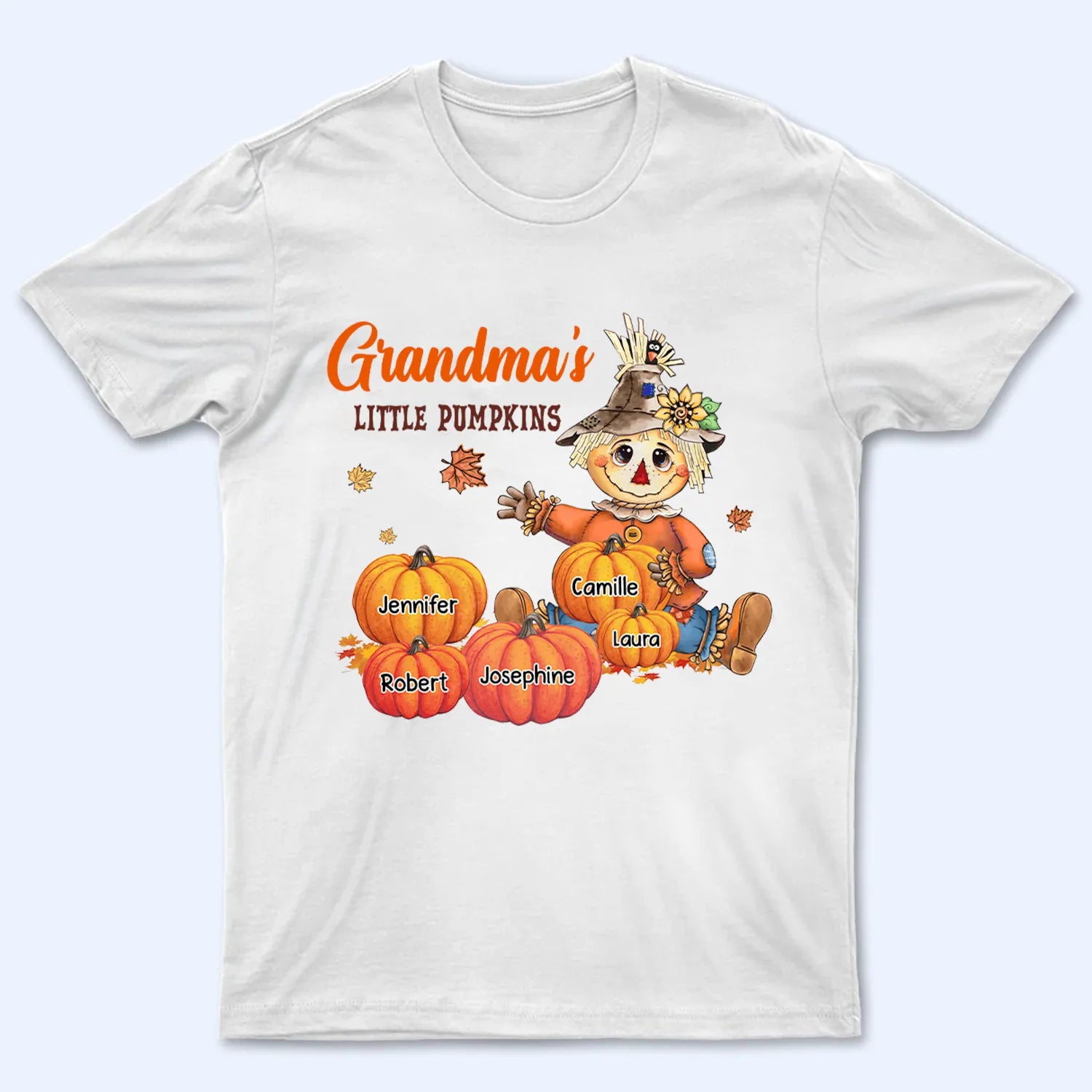 Scarecrow Autumn Grandma's Little Pumpkins - Personalized Custom T Shirt - Fall Season Gift for Grandma/Nana/Mimi, Mom, Wife, Grandparent 2