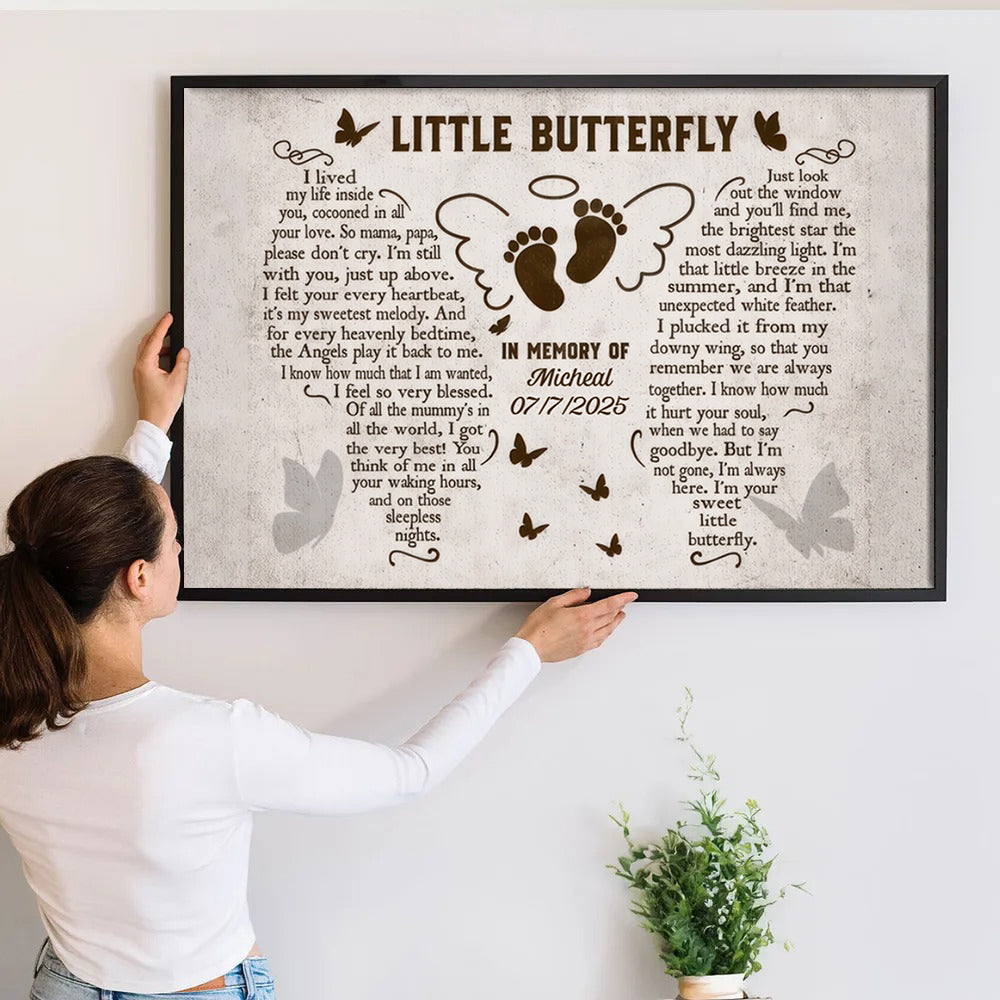 Personalized Custom Miscarriage Memorial Gift canvas print, a woman hanging the framed print on a wall