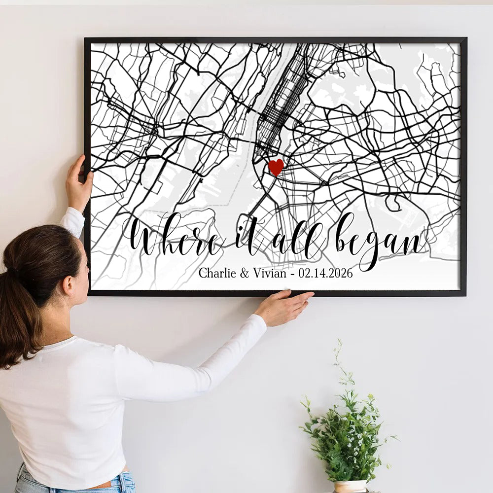 Custom Map Couple Where It All Began - Personalized Poster/Canvas Prints - Gift For Her/Him, Husband/Wife, Couples on Anniversary, Valentine's Day