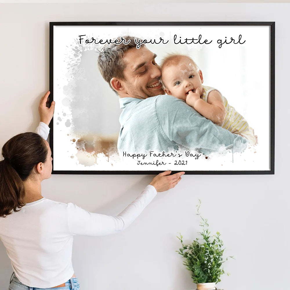 Custom Photo Dad and Kid Portrait poster, a woman hanging the framed print on a wall
