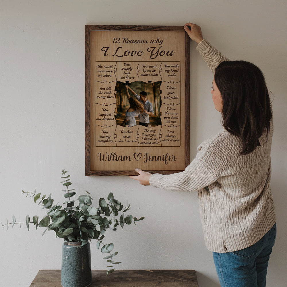 Custom Photo The Sweet Memories We Share Couple poster, a woman hanging the framed print on a wall