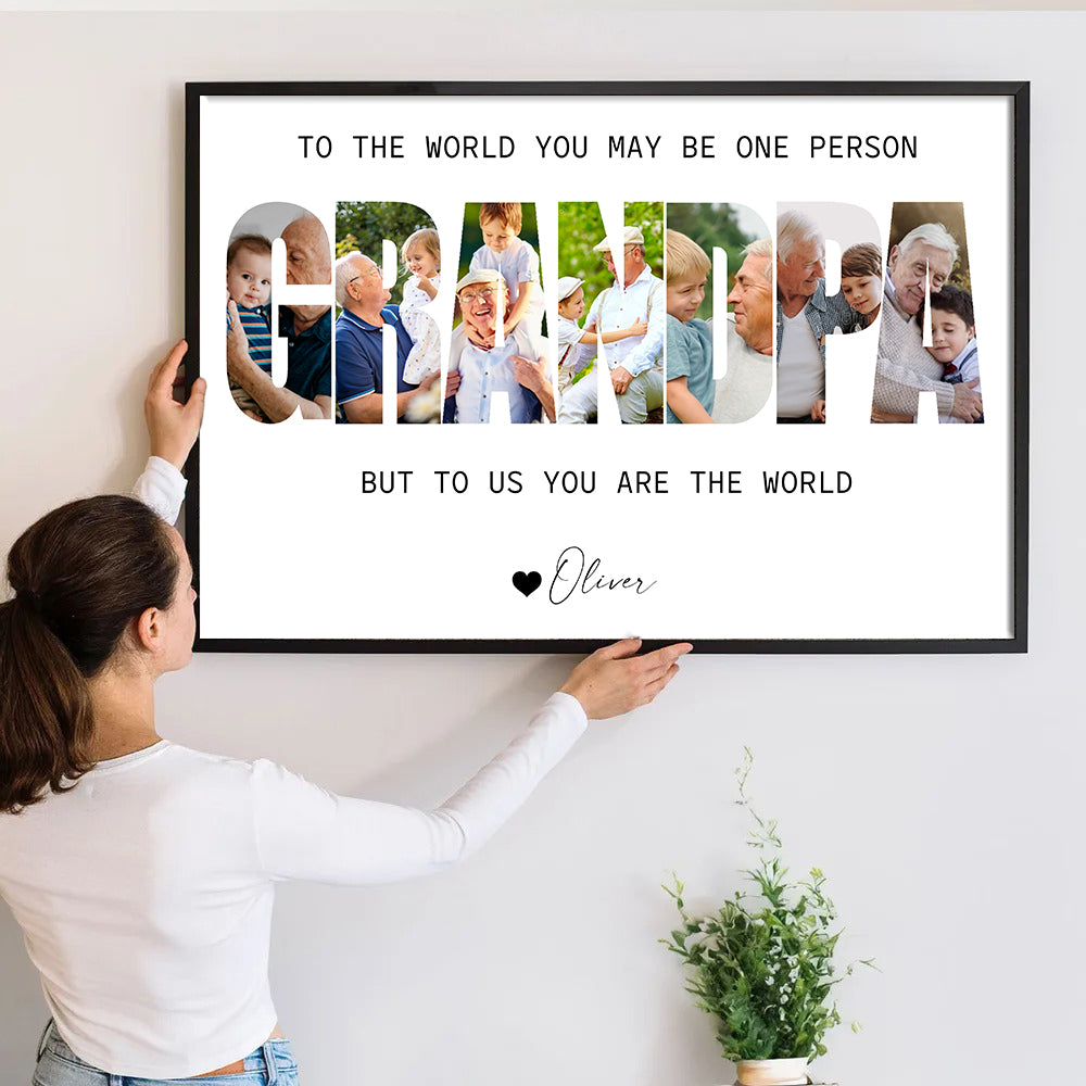 Custom Photo Grandpa Photo Collage poster, a woman hanging the framed print on a wall