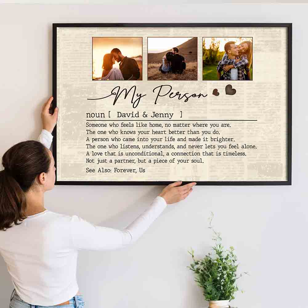 Custom Photo Couple My Person poster, a woman hanging the framed print on a wall
