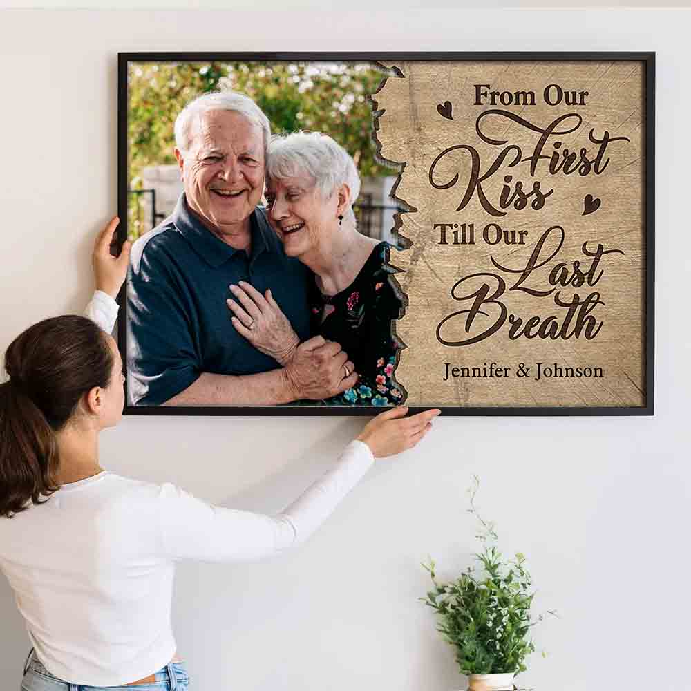 Custom Photo Till Our Last Breath Couple poster, a woman hanging the framed print on a wall