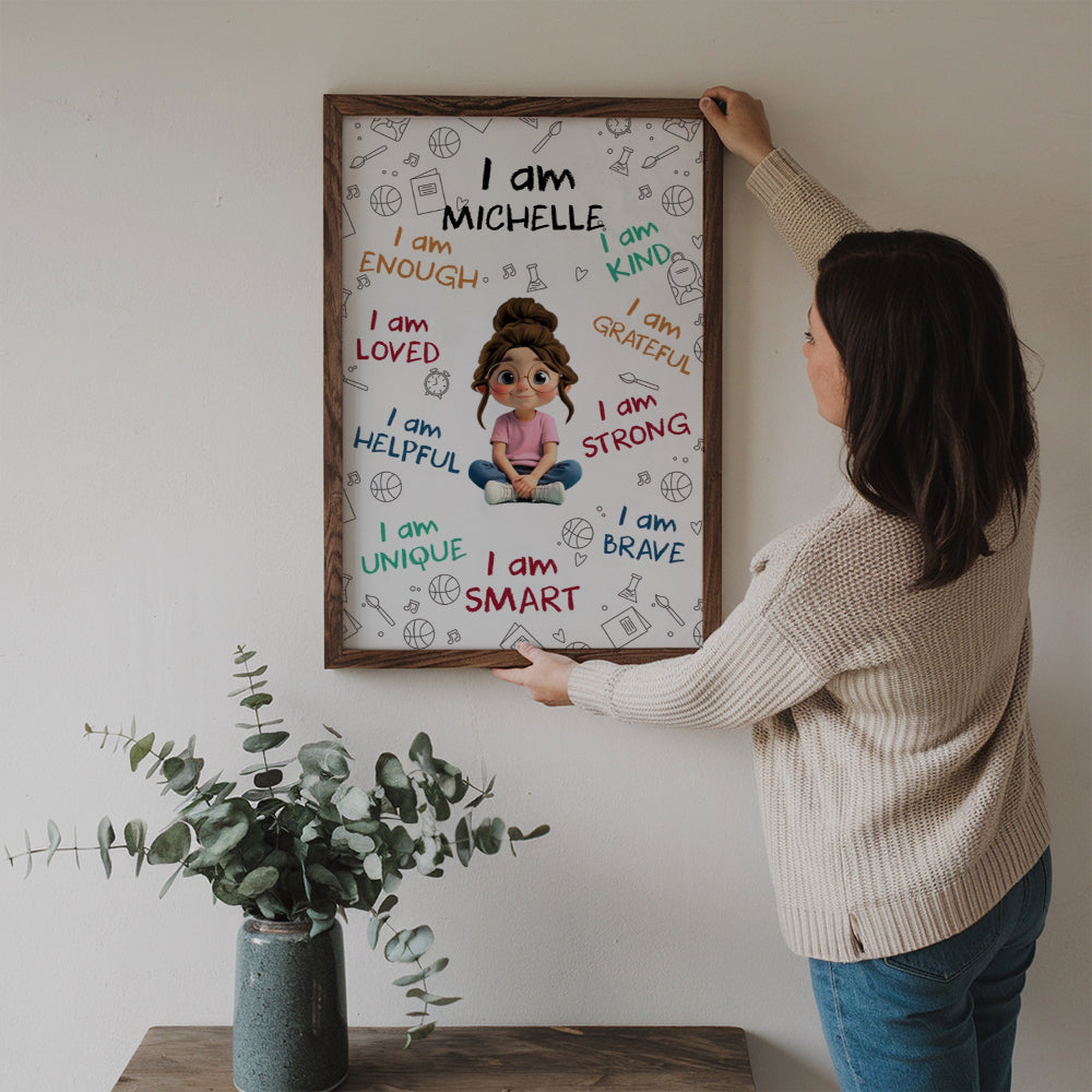 Personalized I Am Enough, Loved, Helpful, Unique, Smart canvas print, a woman hanging the framed print on a wall