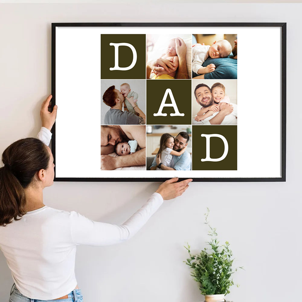 Custom Photo Father's Day Collage poster, a woman hanging the framed print on a wall