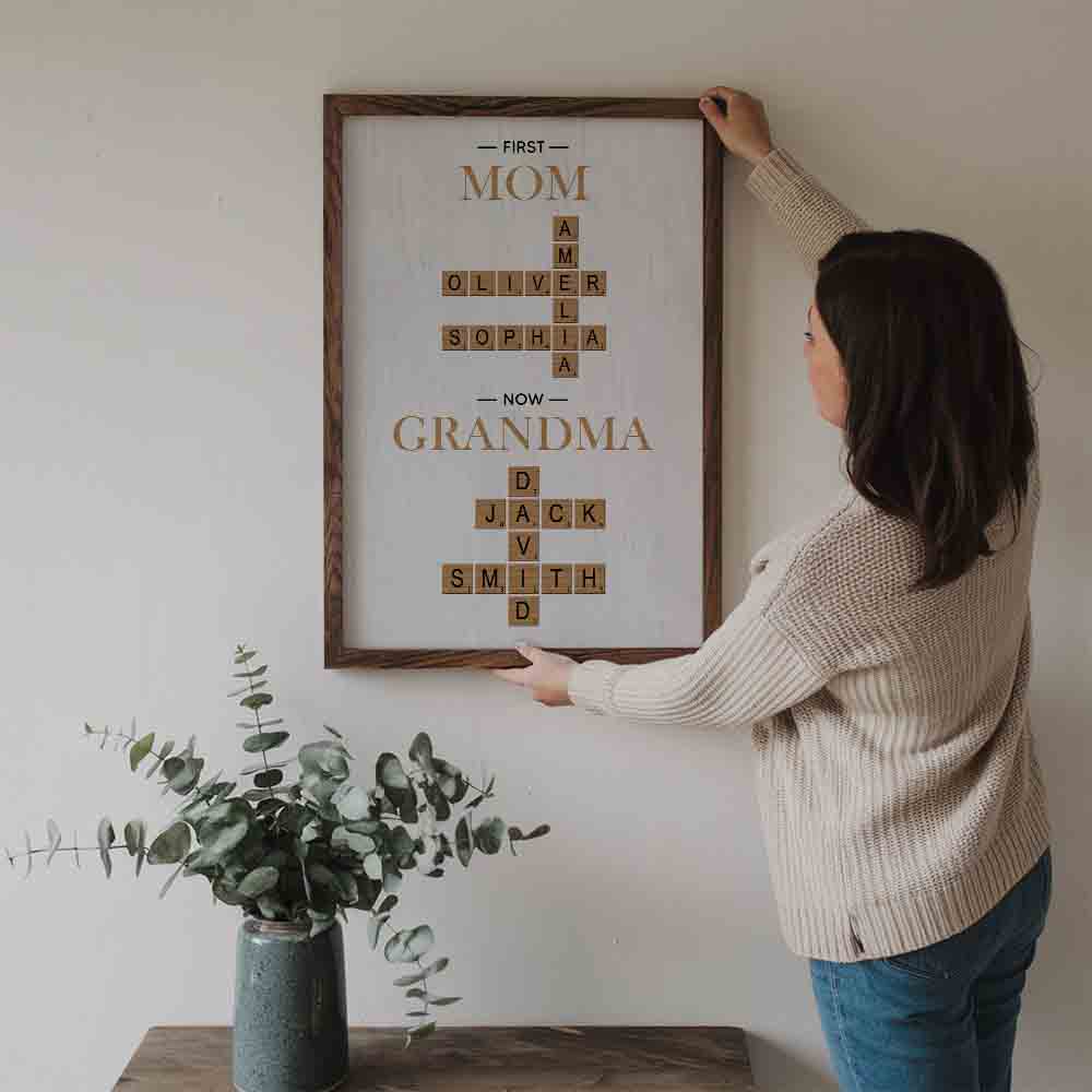 Grandma's Personalized Crossword Canvas: "First Mom Now Grandma" Custom Scrabble Wall Art - Unique Mother's Day or Birthday Gift for Nana