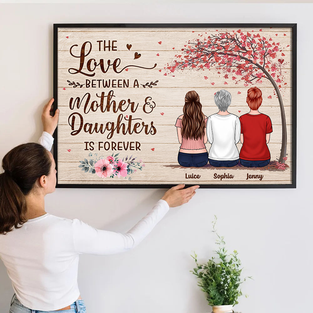 Personalized Mother & Son Daughter Forever Linked Together poster, a woman hanging the framed print on a wall