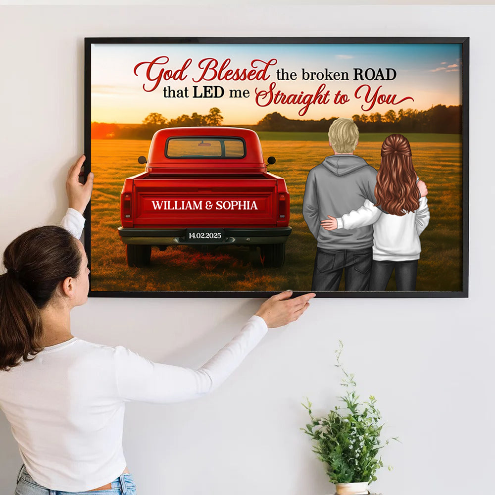 Personalized Couple's Custom Canvas Print, a woman hanging the framed print on a wall