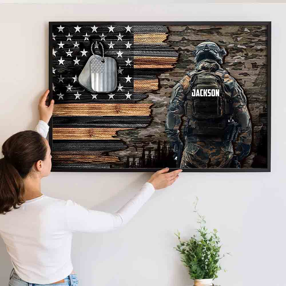 Custom Name Military American Flag - Personalized Poster - Gift For Military Veteran Dad Grandpa Veteran