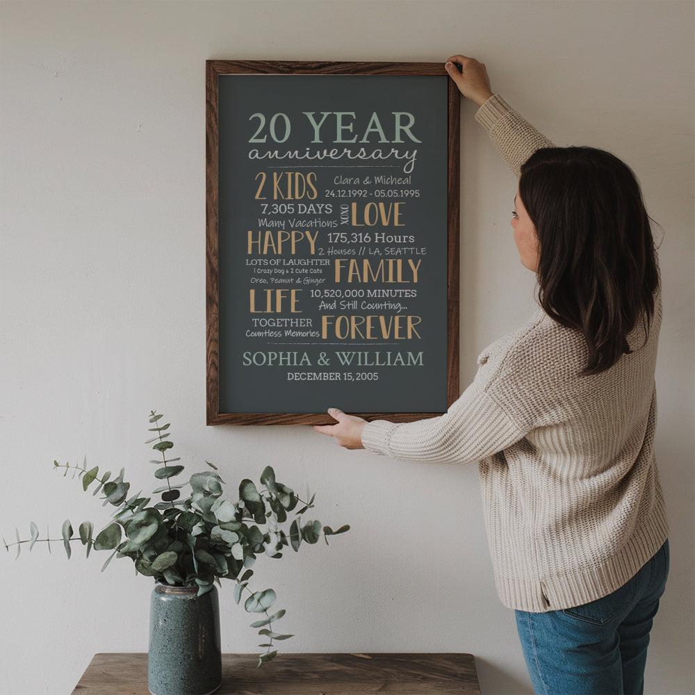 Personalized 20-Year Milestone Anniversary Couple canvas print, a woman hanging the framed print on a wall