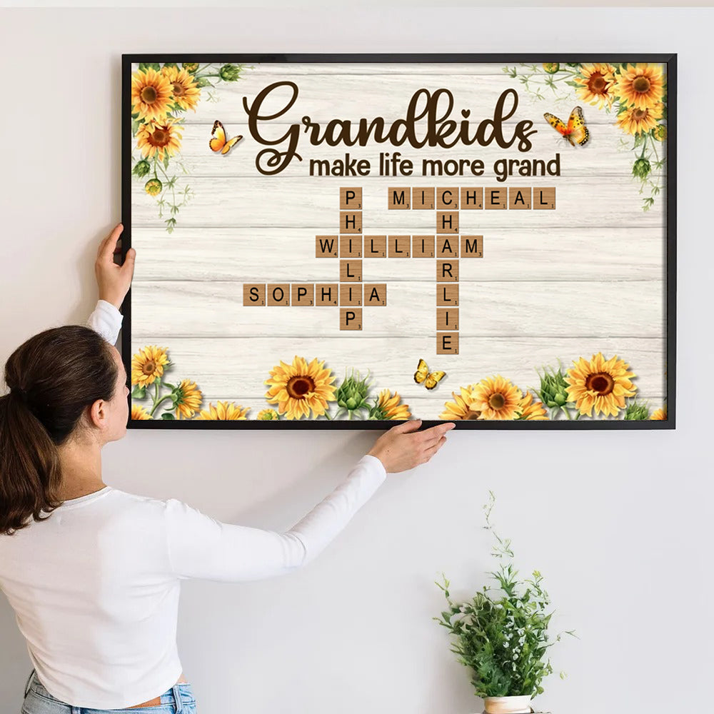 Grandkids Make Life More Grand Crossword Puzzle Sunflower - Personalized Poster/Canvas Prints - Gift for Grandma, Nana, Grandparent