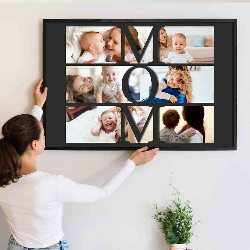 Custom Photo Mom Collage poster, a woman hanging the framed print on a wall
