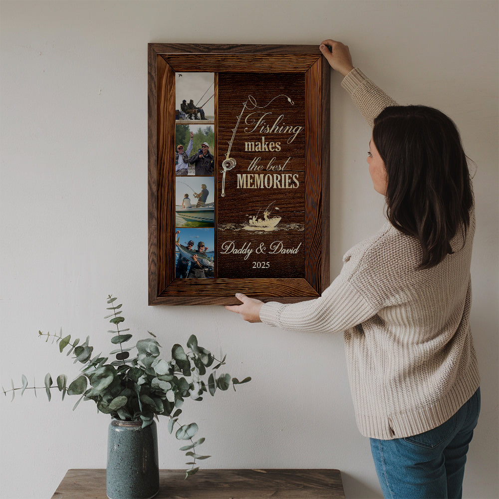 Custom Photo Fishing Makes The Best Memories poster, framed in a bright living room