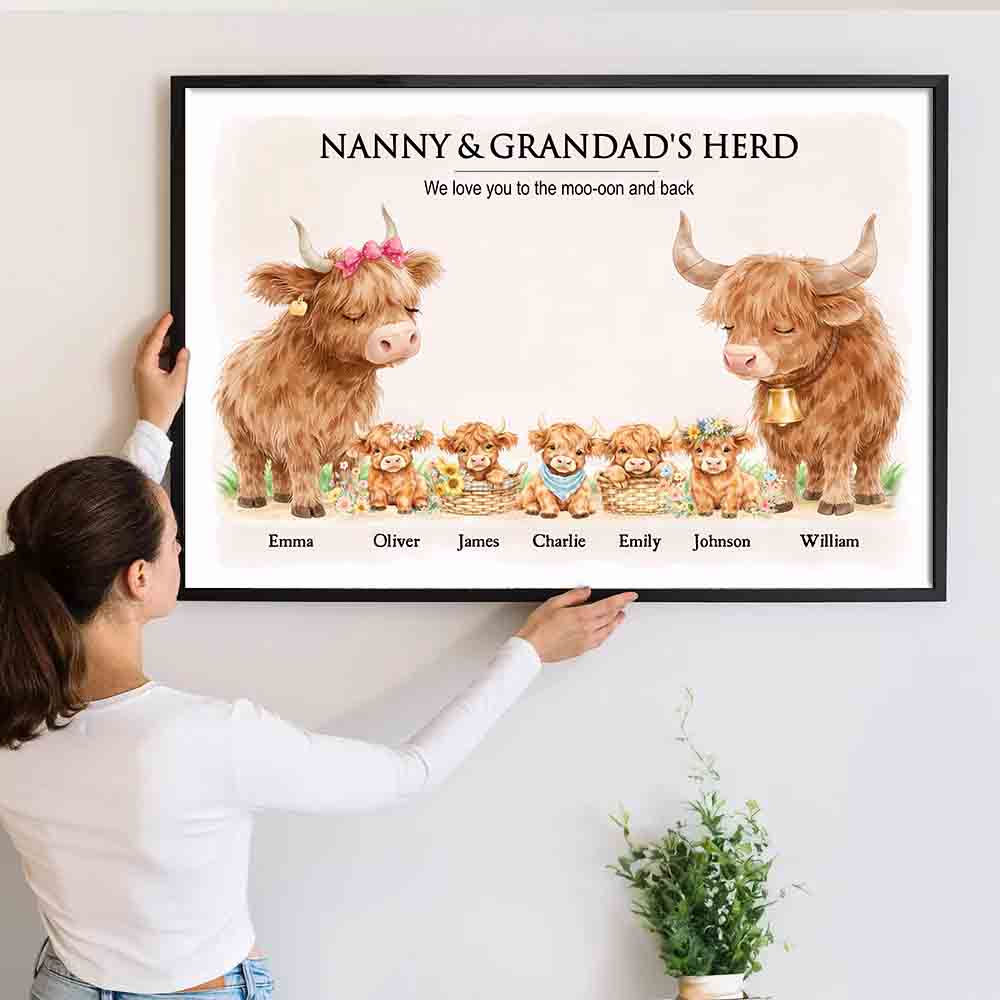 Grandparents's Herd Highland Cow Family - Personalized Poster/Canvas Prints - Gift For Grandma, Grandpa, Grandparents