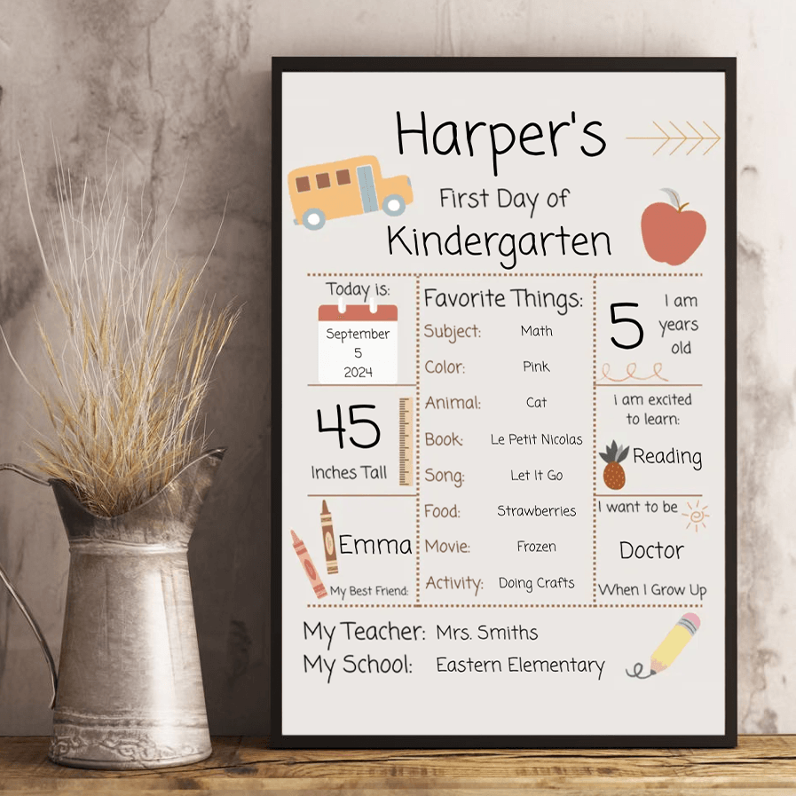 Personalized Back To School Sign poster, framed in a bright living room