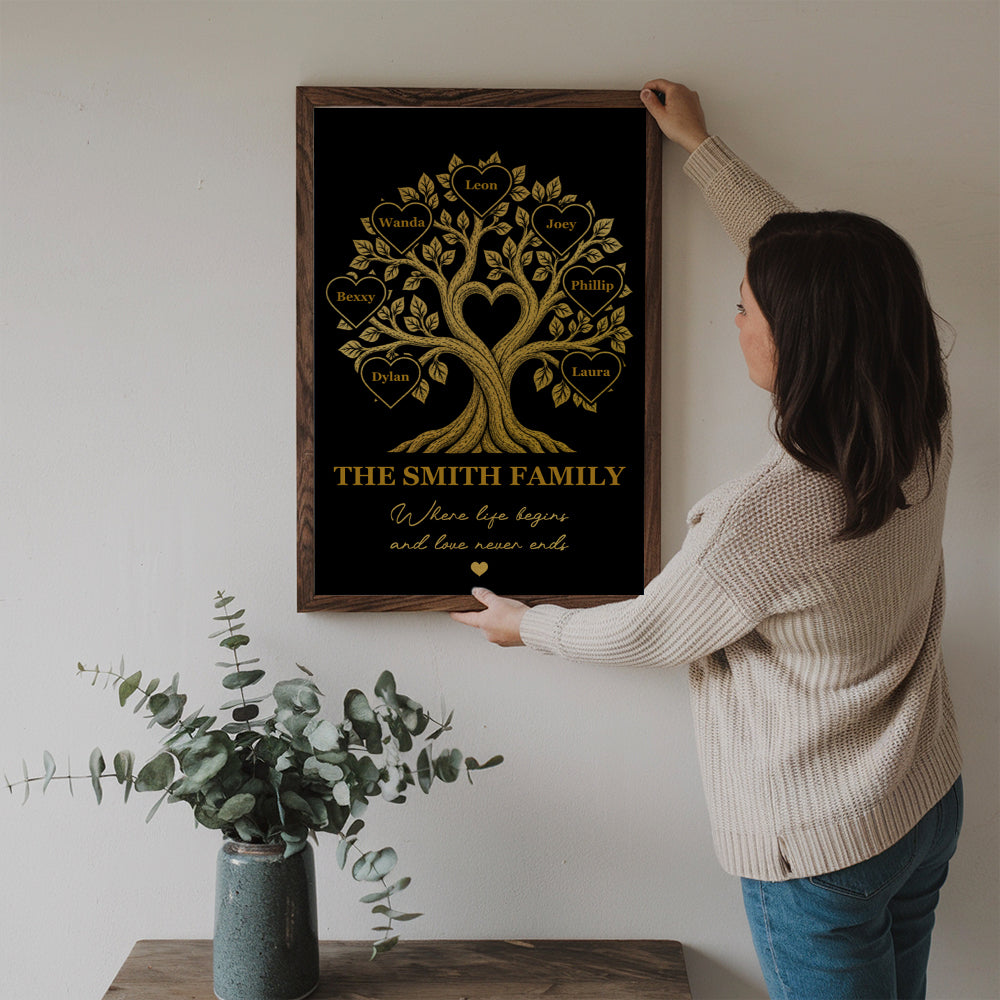 Family Tree With Names Where Life Begins And Love Never Ends - Personalized Poster/Canvas Prints - Gift For Family Members, Mom and Dad