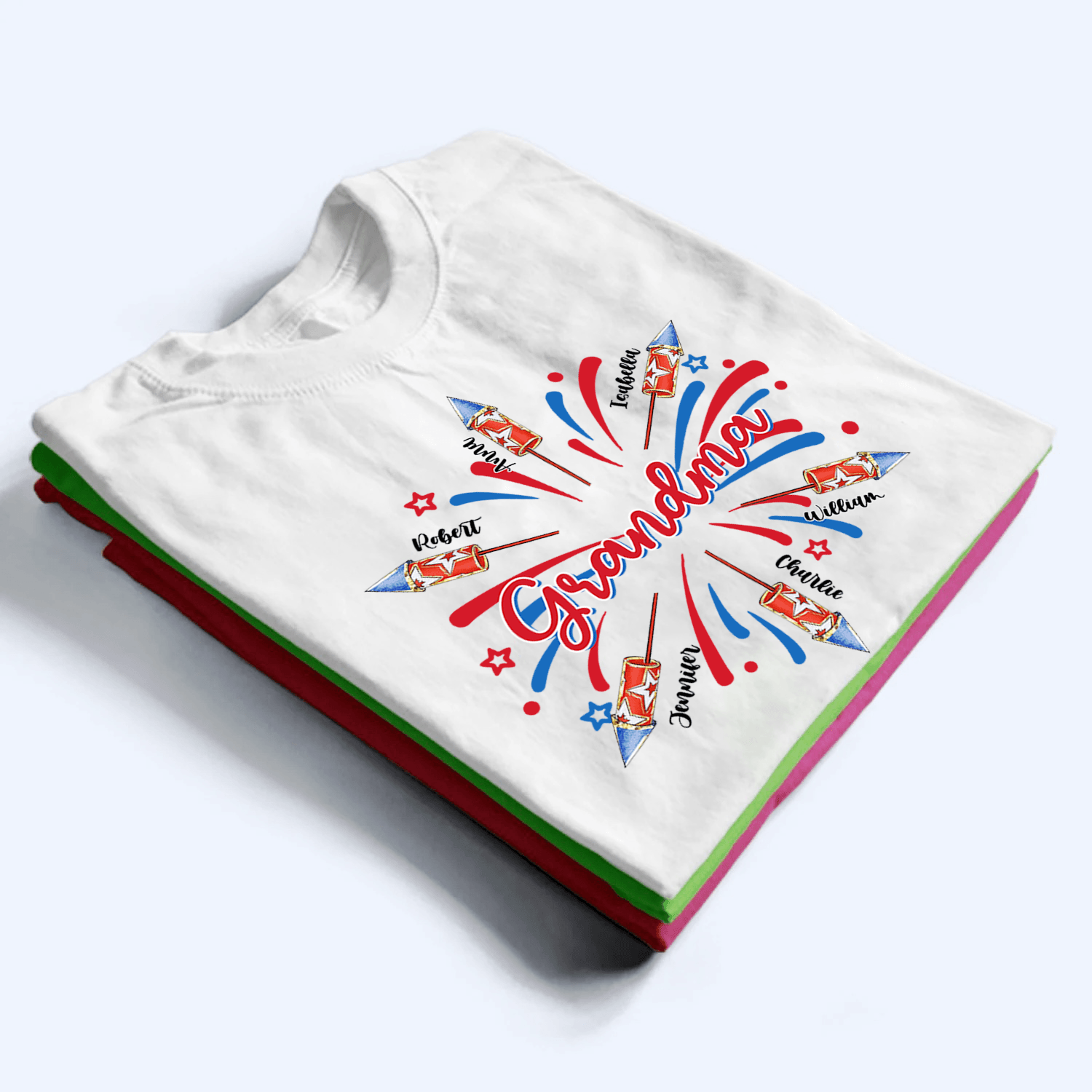 Patriotic 4th of July Grandma With Grandkids Names - Personalized Custom T Shirt - Gift for Grandma/Nana/Mimi, Mom, Wife, Grandparent 3