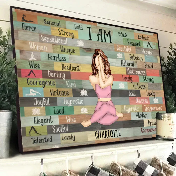 Personalized I Am Yoga Girl canvas print, framed in a bright living room