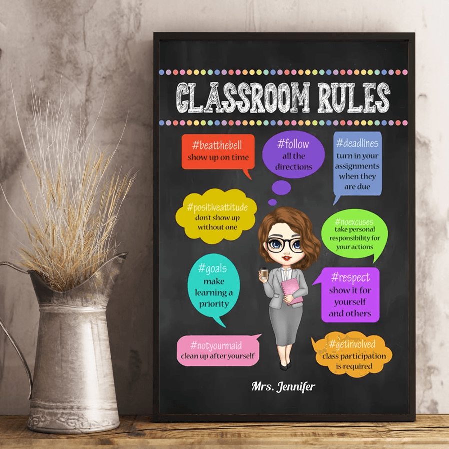 Personalized Classroom Rules poster, a woman hanging the framed print on a wall
