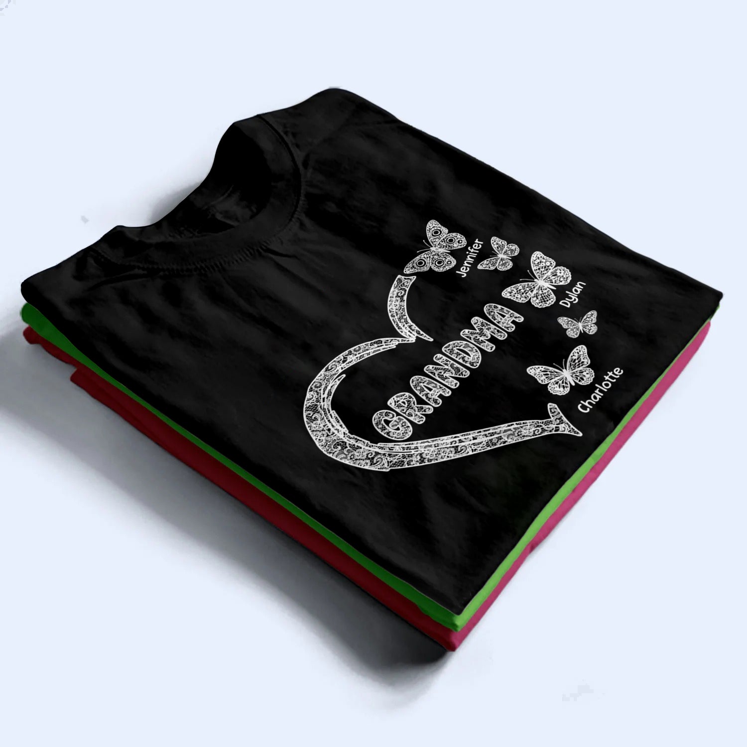 Grandma Lace Pattern Butterflies Heart - Personalized Custom T Shirt - Gift For Mom, Grandma, Mama, Nana