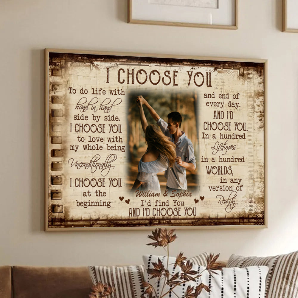 Custom Photo Couple I Choose You poster, framed in a bright living room